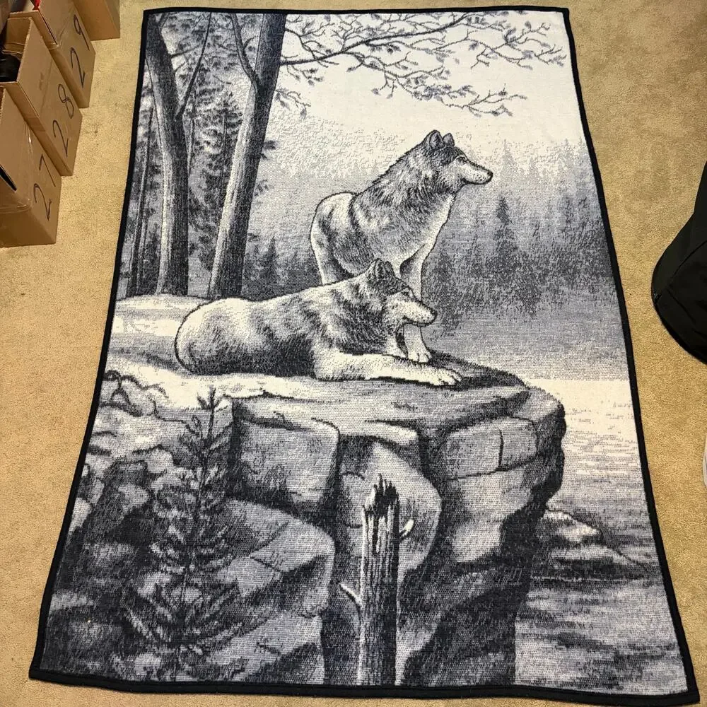 Vintage 90s Biederlack Wolf Wolves Fleece Blanket 52x74 Cabin Wildlife Forest